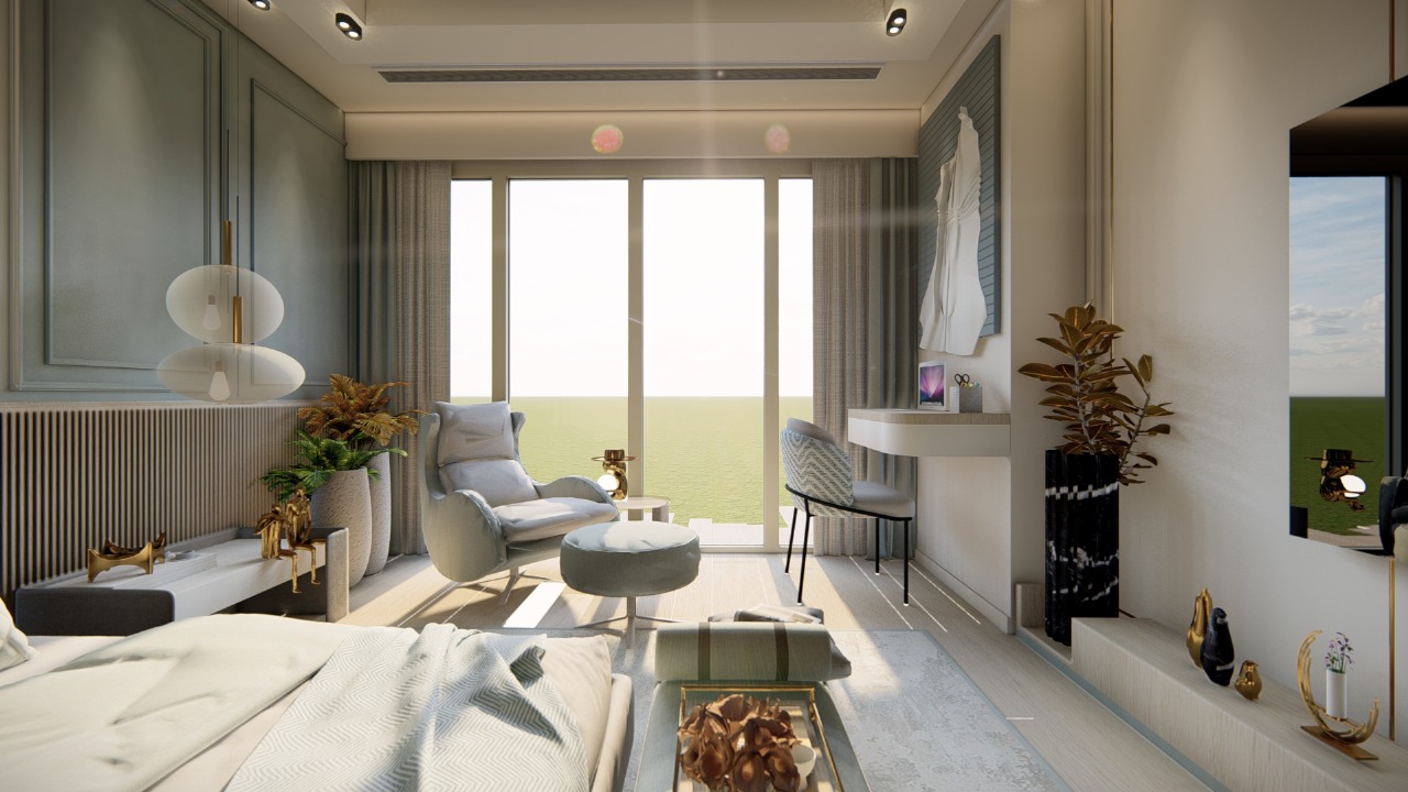 Luxurious master bedroom with ambient lighting